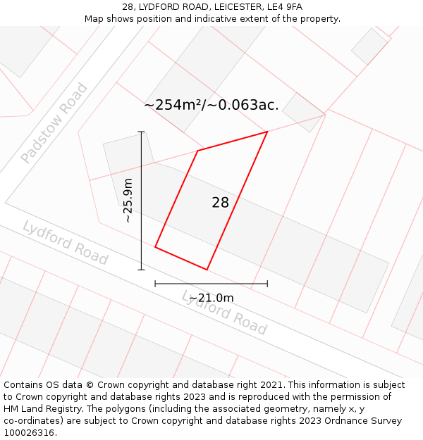 28, LYDFORD ROAD, LEICESTER, LE4 9FA: Plot and title map