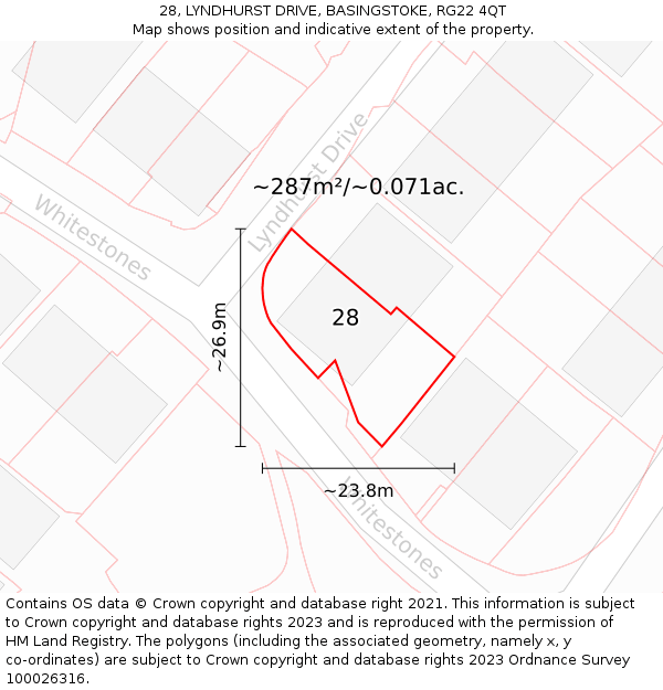 28, LYNDHURST DRIVE, BASINGSTOKE, RG22 4QT: Plot and title map