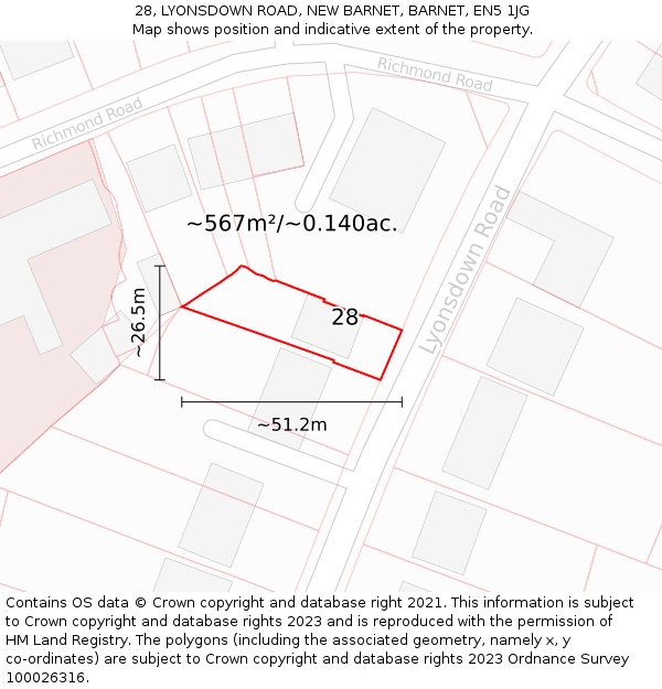 28, LYONSDOWN ROAD, NEW BARNET, BARNET, EN5 1JG: Plot and title map