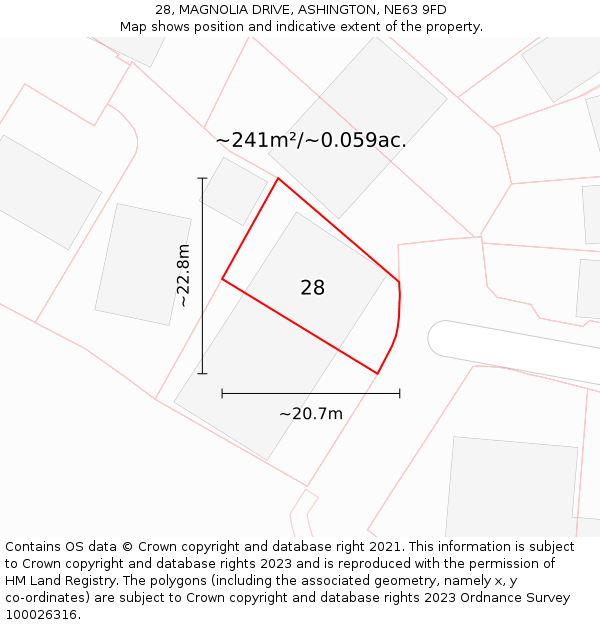 28, MAGNOLIA DRIVE, ASHINGTON, NE63 9FD: Plot and title map