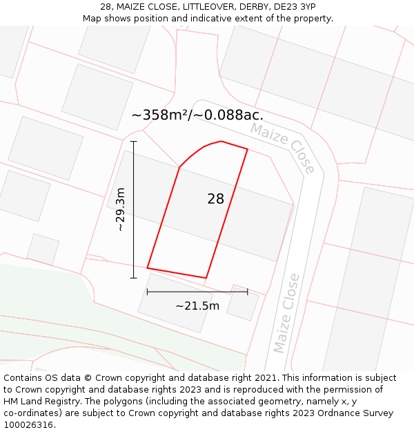 28, MAIZE CLOSE, LITTLEOVER, DERBY, DE23 3YP: Plot and title map