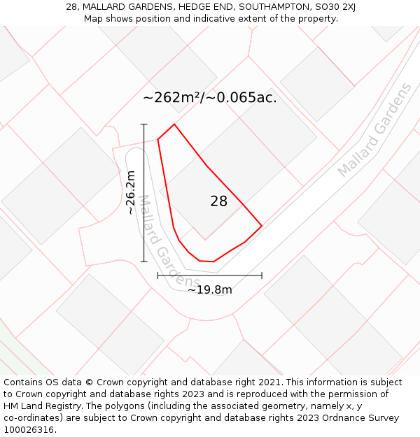 28, MALLARD GARDENS, HEDGE END, SOUTHAMPTON, SO30 2XJ: Plot and title map