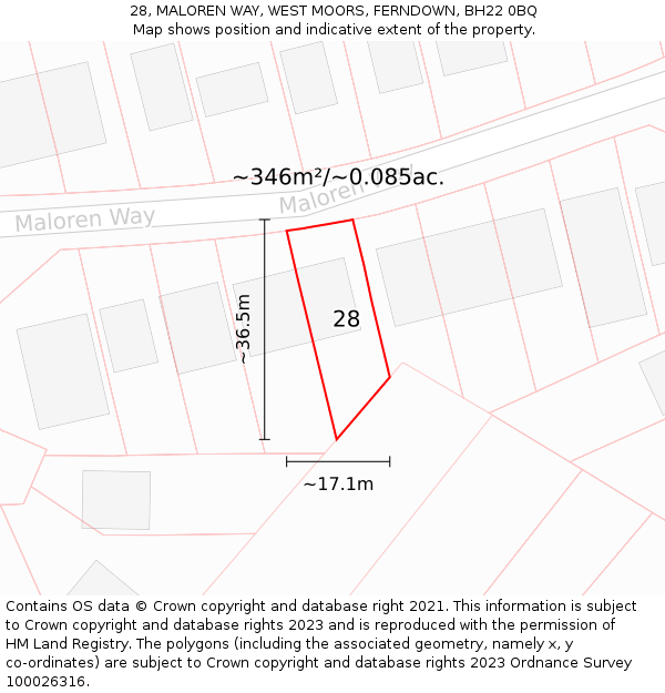 28, MALOREN WAY, WEST MOORS, FERNDOWN, BH22 0BQ: Plot and title map