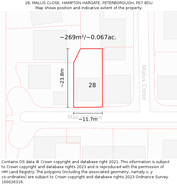 28, MALUS CLOSE, HAMPTON HARGATE, PETERBOROUGH, PE7 8DU: Plot and title map