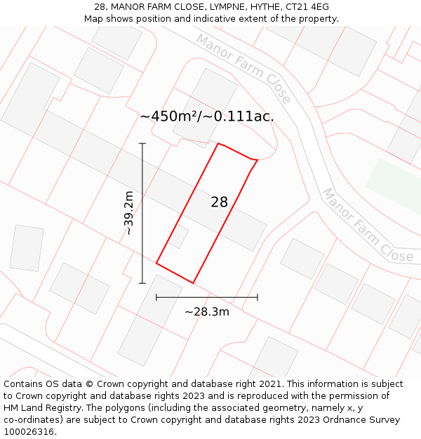 28, MANOR FARM CLOSE, LYMPNE, HYTHE, CT21 4EG: Plot and title map