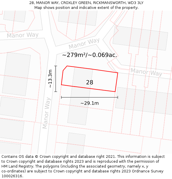 28, MANOR WAY, CROXLEY GREEN, RICKMANSWORTH, WD3 3LY: Plot and title map