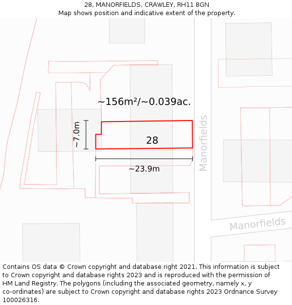 28, MANORFIELDS, CRAWLEY, RH11 8GN: Plot and title map