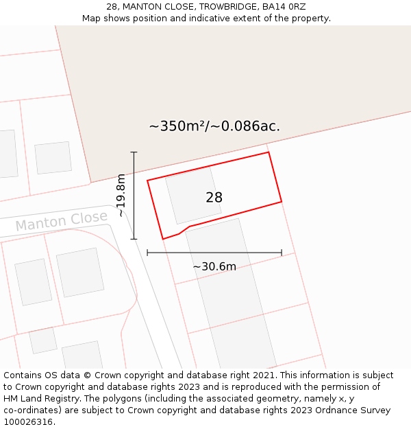28, MANTON CLOSE, TROWBRIDGE, BA14 0RZ: Plot and title map