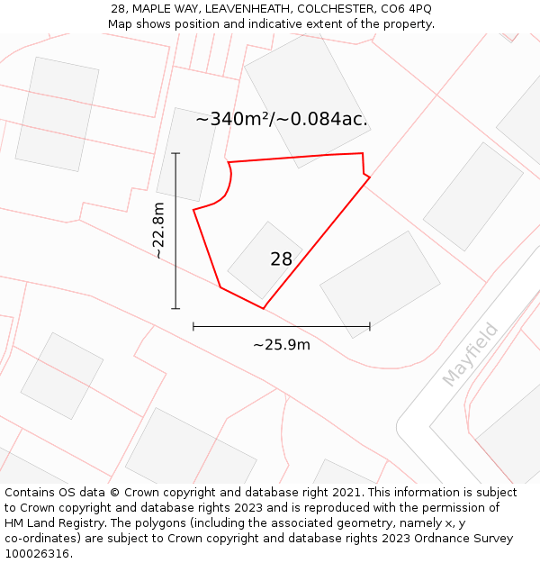 28, MAPLE WAY, LEAVENHEATH, COLCHESTER, CO6 4PQ: Plot and title map