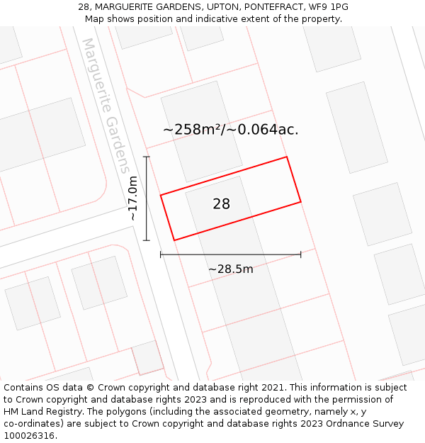 28, MARGUERITE GARDENS, UPTON, PONTEFRACT, WF9 1PG: Plot and title map