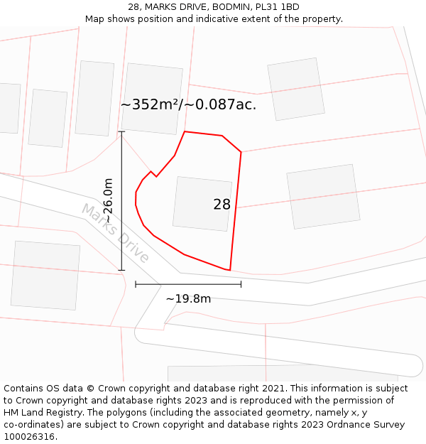 28, MARKS DRIVE, BODMIN, PL31 1BD: Plot and title map
