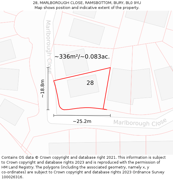 28, MARLBOROUGH CLOSE, RAMSBOTTOM, BURY, BL0 9YU: Plot and title map