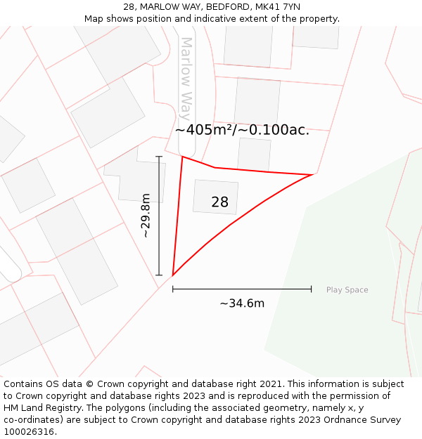 28, MARLOW WAY, BEDFORD, MK41 7YN: Plot and title map