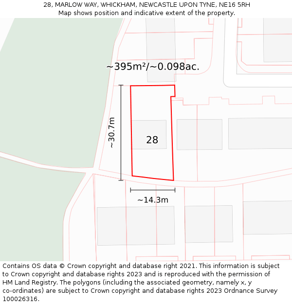 28, MARLOW WAY, WHICKHAM, NEWCASTLE UPON TYNE, NE16 5RH: Plot and title map