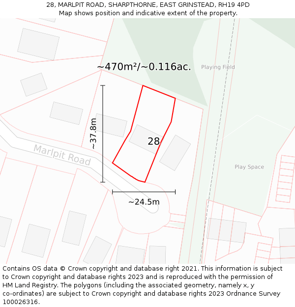 28, MARLPIT ROAD, SHARPTHORNE, EAST GRINSTEAD, RH19 4PD: Plot and title map