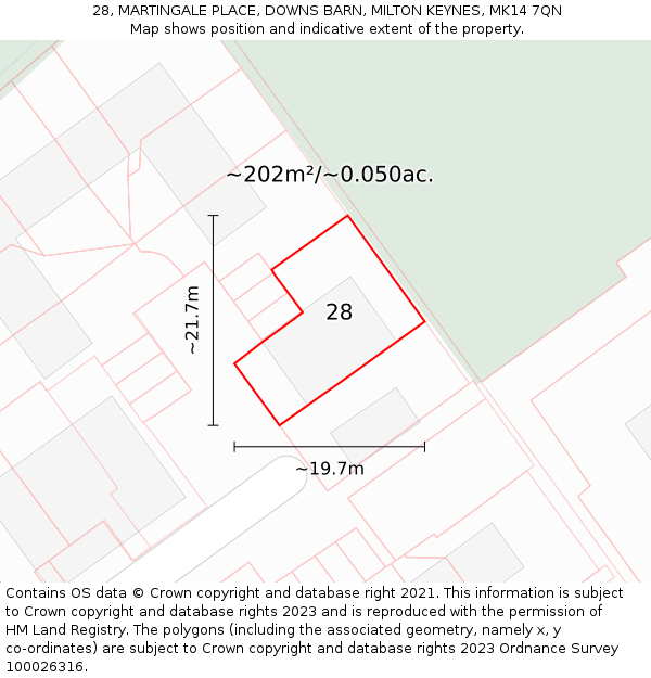 28, MARTINGALE PLACE, DOWNS BARN, MILTON KEYNES, MK14 7QN: Plot and title map