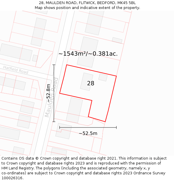 28, MAULDEN ROAD, FLITWICK, BEDFORD, MK45 5BL: Plot and title map