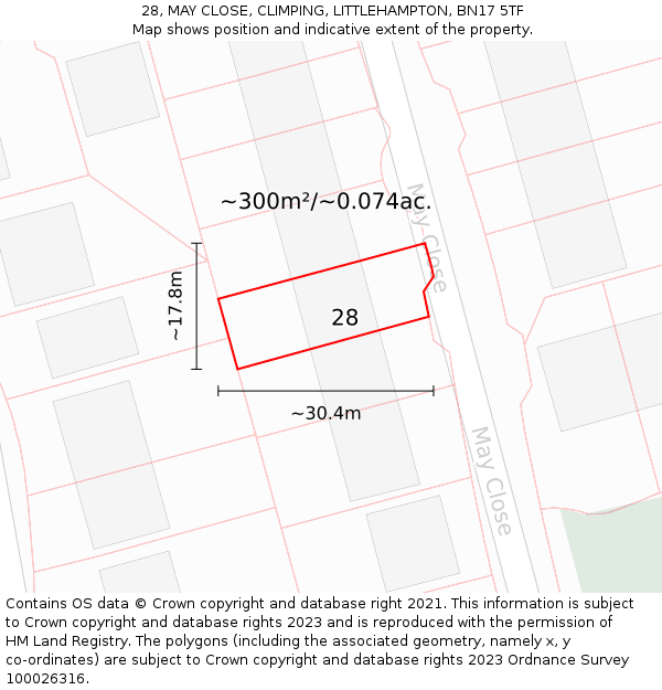28, MAY CLOSE, CLIMPING, LITTLEHAMPTON, BN17 5TF: Plot and title map