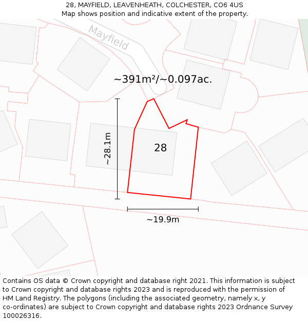 28, MAYFIELD, LEAVENHEATH, COLCHESTER, CO6 4US: Plot and title map