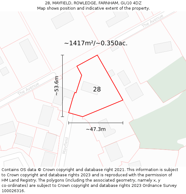 28, MAYFIELD, ROWLEDGE, FARNHAM, GU10 4DZ: Plot and title map