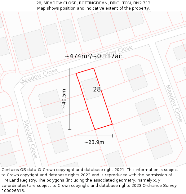 28, MEADOW CLOSE, ROTTINGDEAN, BRIGHTON, BN2 7FB: Plot and title map