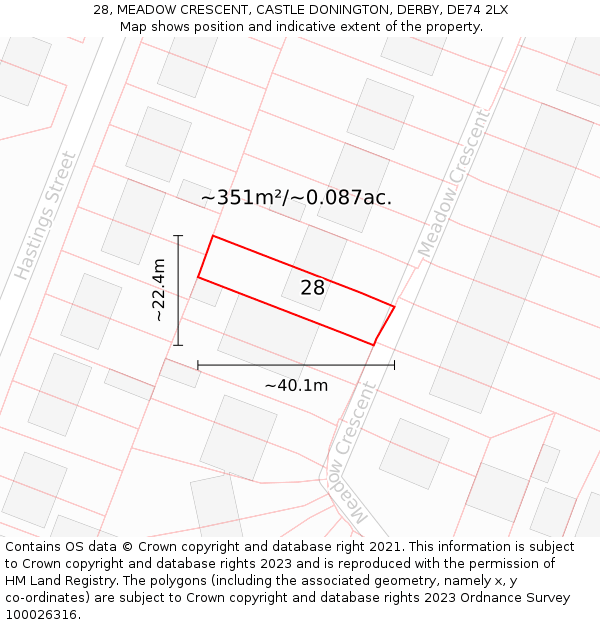 28, MEADOW CRESCENT, CASTLE DONINGTON, DERBY, DE74 2LX: Plot and title map