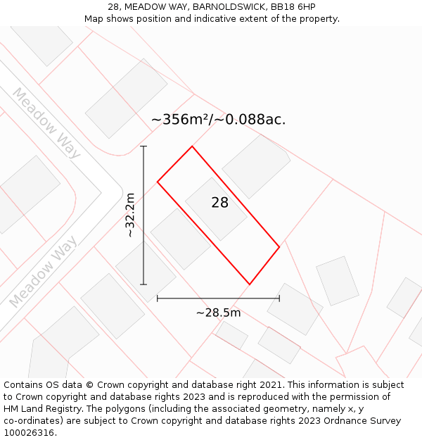 28, MEADOW WAY, BARNOLDSWICK, BB18 6HP: Plot and title map