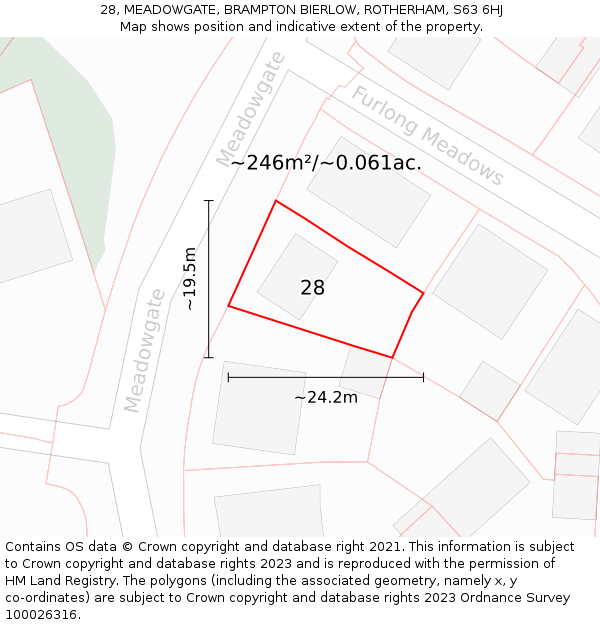28, MEADOWGATE, BRAMPTON BIERLOW, ROTHERHAM, S63 6HJ: Plot and title map