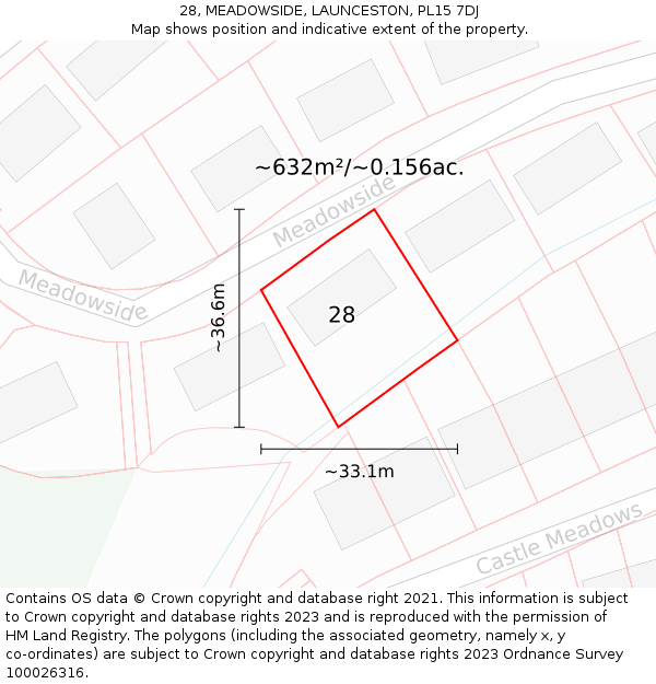 28, MEADOWSIDE, LAUNCESTON, PL15 7DJ: Plot and title map