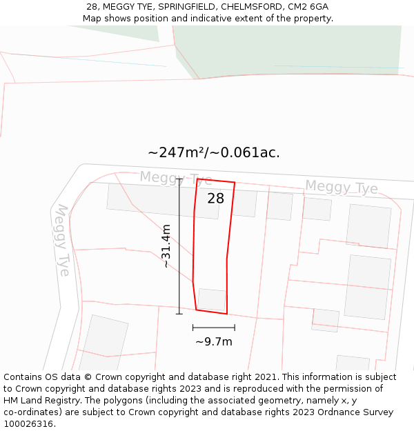 28, MEGGY TYE, SPRINGFIELD, CHELMSFORD, CM2 6GA: Plot and title map