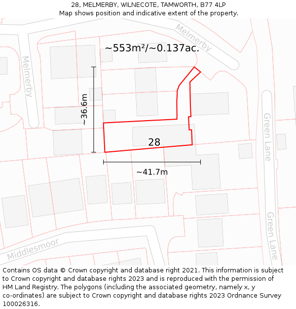 28, MELMERBY, WILNECOTE, TAMWORTH, B77 4LP: Plot and title map