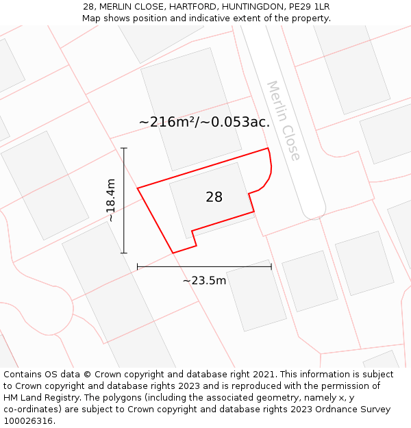28, MERLIN CLOSE, HARTFORD, HUNTINGDON, PE29 1LR: Plot and title map