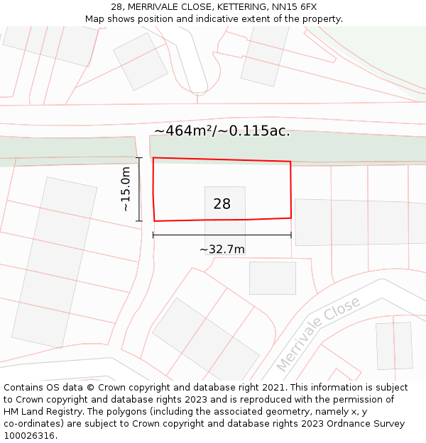 28, MERRIVALE CLOSE, KETTERING, NN15 6FX: Plot and title map