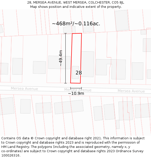28, MERSEA AVENUE, WEST MERSEA, COLCHESTER, CO5 8JL: Plot and title map