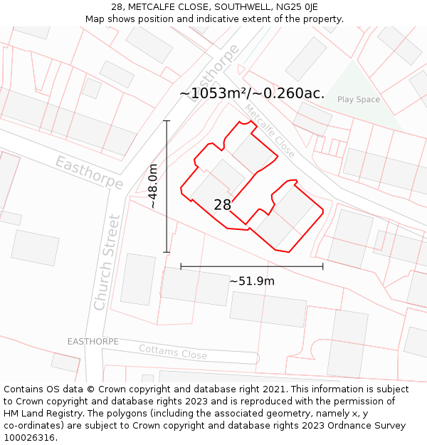 28, METCALFE CLOSE, SOUTHWELL, NG25 0JE: Plot and title map