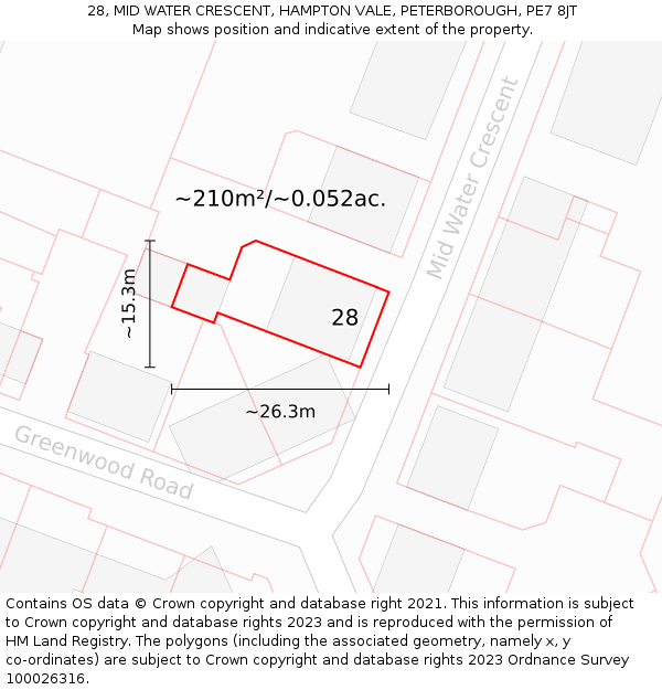 28, MID WATER CRESCENT, HAMPTON VALE, PETERBOROUGH, PE7 8JT: Plot and title map
