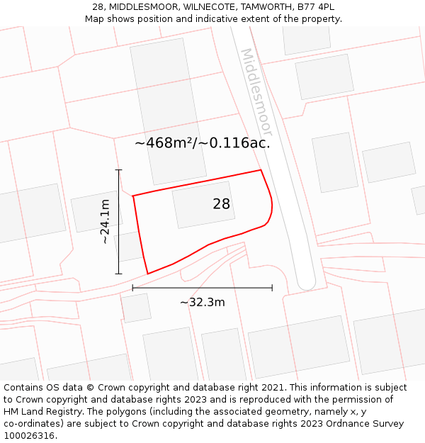 28, MIDDLESMOOR, WILNECOTE, TAMWORTH, B77 4PL: Plot and title map