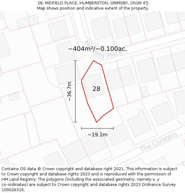 28, MIDFIELD PLACE, HUMBERSTON, GRIMSBY, DN36 4TJ: Plot and title map