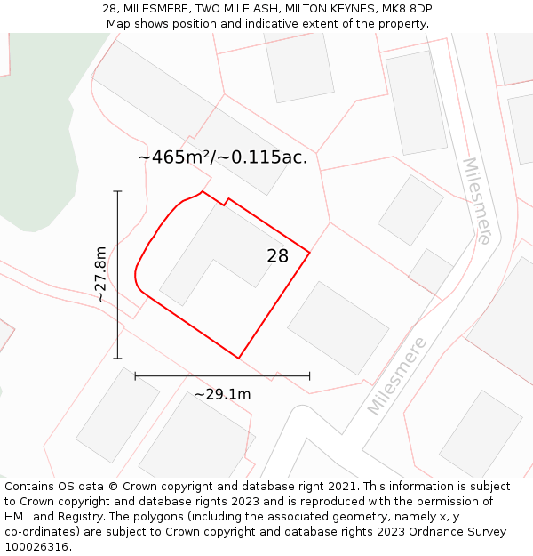 28, MILESMERE, TWO MILE ASH, MILTON KEYNES, MK8 8DP: Plot and title map