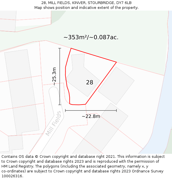 28, MILL FIELDS, KINVER, STOURBRIDGE, DY7 6LB: Plot and title map