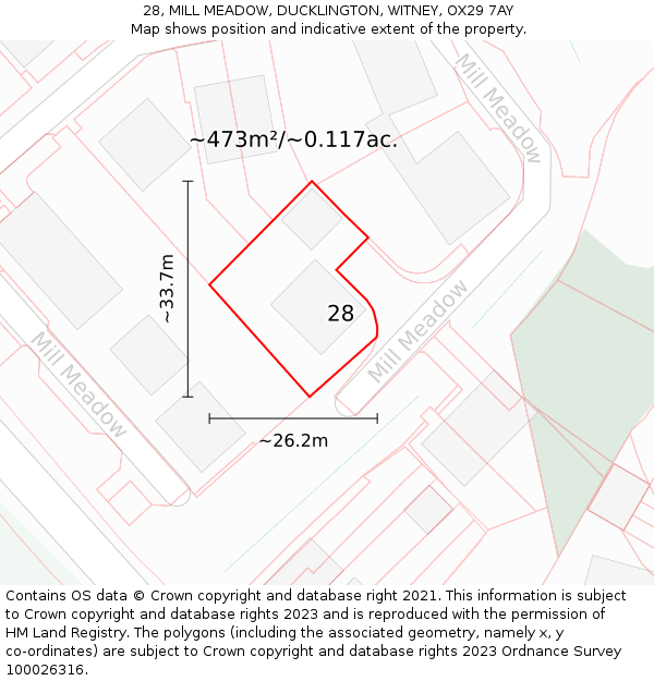 28, MILL MEADOW, DUCKLINGTON, WITNEY, OX29 7AY: Plot and title map