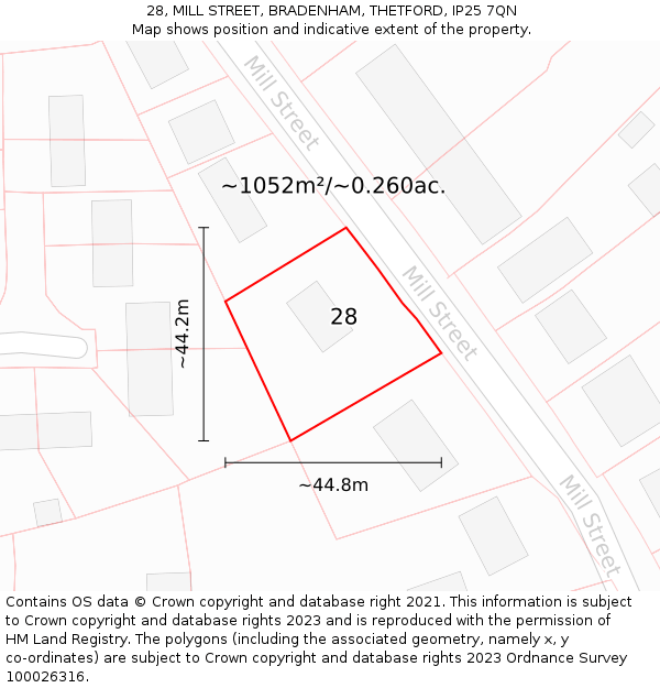 28, MILL STREET, BRADENHAM, THETFORD, IP25 7QN: Plot and title map