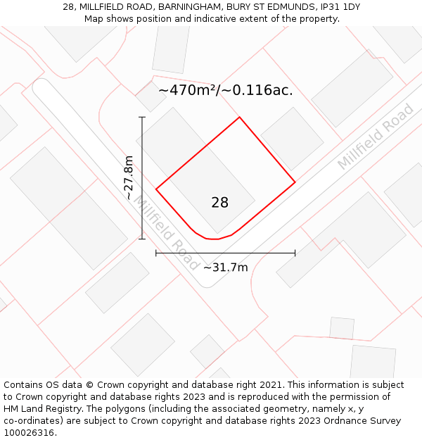 28, MILLFIELD ROAD, BARNINGHAM, BURY ST EDMUNDS, IP31 1DY: Plot and title map