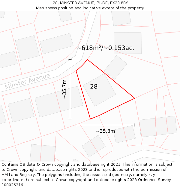 28, MINSTER AVENUE, BUDE, EX23 8RY: Plot and title map