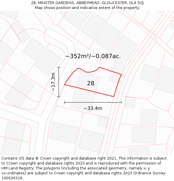 28, MINSTER GARDENS, ABBEYMEAD, GLOUCESTER, GL4 5GJ: Plot and title map