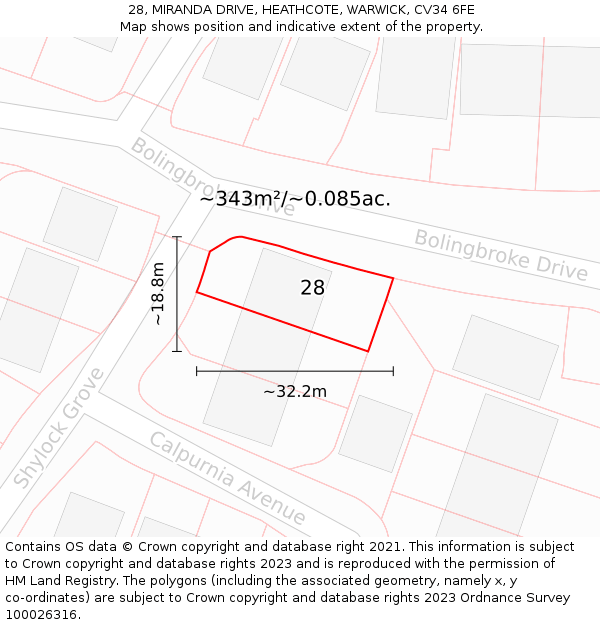 28, MIRANDA DRIVE, HEATHCOTE, WARWICK, CV34 6FE: Plot and title map