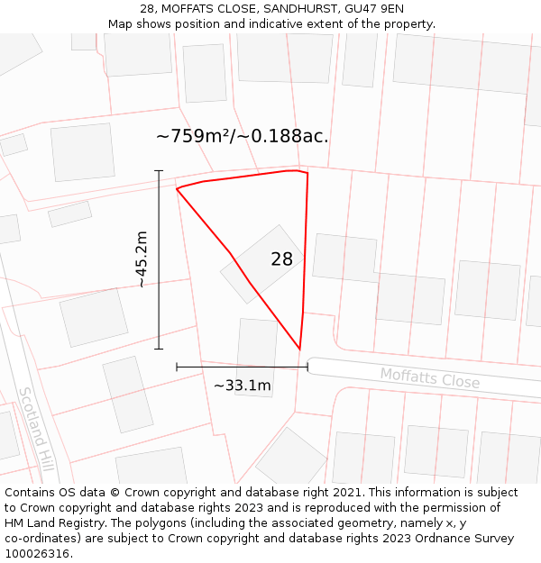 28, MOFFATS CLOSE, SANDHURST, GU47 9EN: Plot and title map