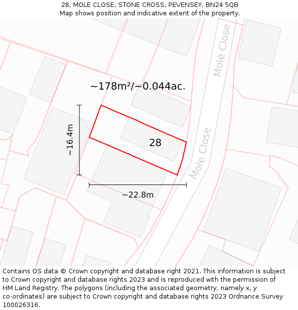 28, MOLE CLOSE, STONE CROSS, PEVENSEY, BN24 5QB: Plot and title map