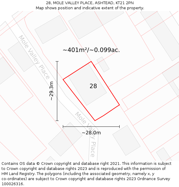 28, MOLE VALLEY PLACE, ASHTEAD, KT21 2PN: Plot and title map
