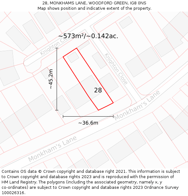 28, MONKHAMS LANE, WOODFORD GREEN, IG8 0NS: Plot and title map